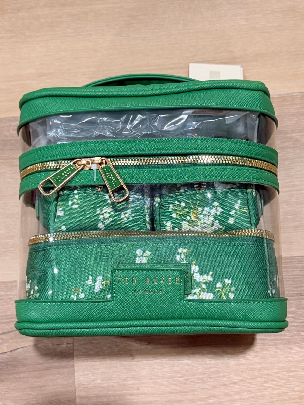 Ted Baker London 4 piece Green Floral Clear cosmetic train travel case